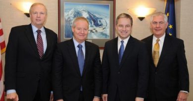 From the left: BP CEO Robert Dudley, then-ConocoPhillips CEO Jim Mulva, Alaska Gov. Sean Parnell, and ExxonMobil CEO Rex Tillerson met in January 2012. (Courtesy Alaska Governor's Office / Alaska Dispatch)