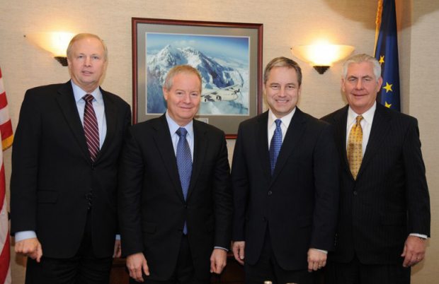 From the left: BP CEO Robert Dudley, then-ConocoPhillips CEO Jim Mulva, Alaska Gov. Sean Parnell, and ExxonMobil CEO Rex Tillerson met in January 2012. (Courtesy Alaska Governor's Office / Alaska Dispatch)