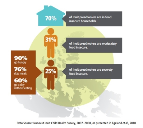 The Nunavut Inuit Child Health Survey, 2007-2009, found that 70 per cent of Inuit preschoolers don't know when they'll get their next meal. (Aboriginal Food Security in Northern Canada: An Assessment of the State of Knowledge / CBC.ca)