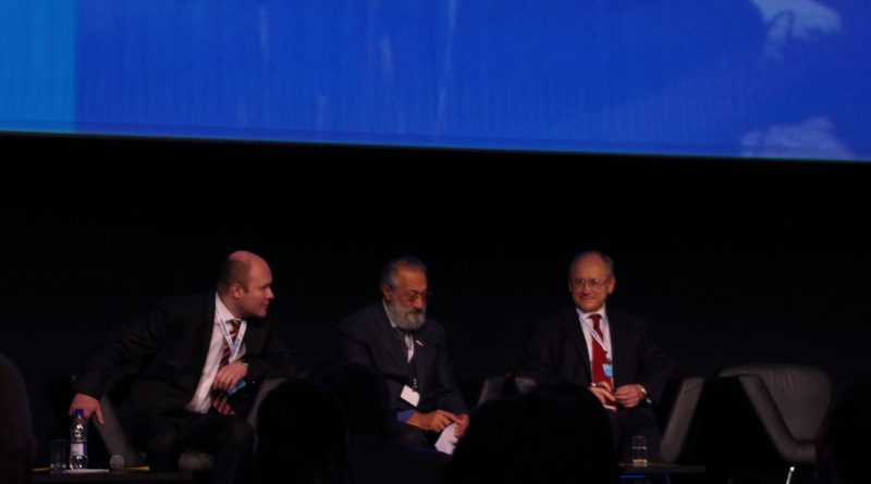 The Russian contingent at Arctic Circle, Reykjavik, 2013. Center: Artur Chilingarov, Russian polar scientist and explorer. Right: Russian Ambassador at Large for Arctic Cooperation and Senior Arctic Official Anton Vasiliev. (Mia Bennett)