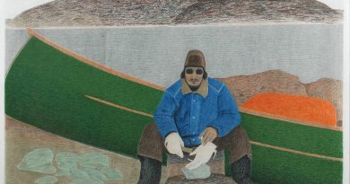 'Carving with an axe,' 2006, Itee Pootoogook, coloured pencil & graphite, 22 x 29.75 (Courtesy of Marion Scott Gallery)