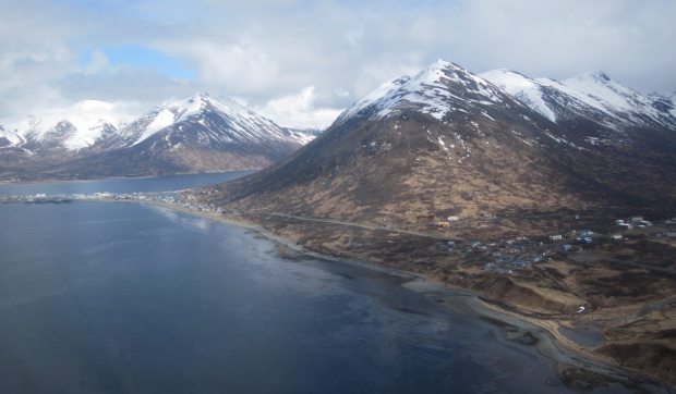 An aerial view of King Cove (population 948). Located 18 miles southeast of Cold Bay on the south side of the Alaska Peninsula, King Cove was founded in 1911 and incorporated in 1949. (Laurel Andrews / Alaska Dispatch)