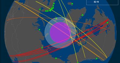 Cross-polar flights vis-à-vis locations in the Arctic and sub-Arctic (broadly construed; note the southern distance of the locations in Canada) with capabilities to assist in Arctic SAR operations. (Cryopolitics)