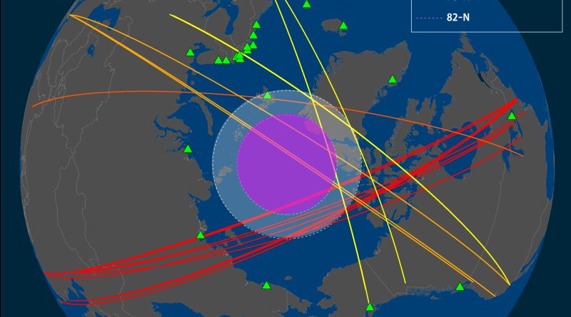 Cross-polar flights vis-à-vis locations in the Arctic and sub-Arctic (broadly construed; note the southern distance of the locations in Canada) with capabilities to assist in Arctic SAR operations. (Cryopolitics)