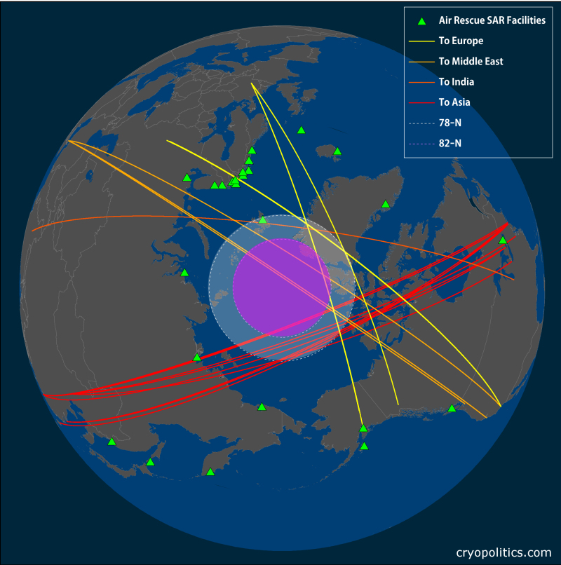 Cross-polar flights vis-à-vis locations in the Arctic and sub-Arctic (broadly construed; note the southern distance of the locations in Canada) with capabilities to assist in Arctic SAR operations. (Cryopolitics)