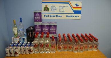Fort Good Hope RCMP seized 74 – 375 ml bottles of Smirnoff Vodka, 9 - 1.14 litre bottles of Smirnoff Vodka, 3 – 750 ml bottles of Smirnoff Vodka, 1 - 750 ml bottle of wine, 28 – 355 ml vodka coolers and 75 – 355 cans of beer in one night on the winter road from Norman Wells. (RCMP)