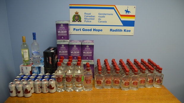 Fort Good Hope RCMP seized 74 – 375 ml bottles of Smirnoff Vodka, 9 - 1.14 litre bottles of Smirnoff Vodka, 3 – 750 ml bottles of Smirnoff Vodka, 1 - 750 ml bottle of wine, 28 – 355 ml vodka coolers and 75 – 355 cans of beer in one night on the winter road from Norman Wells. (RCMP)