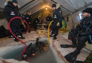 Canadian Armed Forces divers, working on the sea ice near Gascoyne Inlet, Nunavut, spent six days usingremotely operated underwater vehicles to capture footage from the merchant ship Breadalbane, which sank in the High Arctic in 1853. (Master Seaman Peter Reed, Underwater Imaging Dept. FDU (A), CFB Shearwater, N.S.)