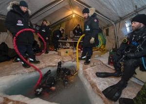 Canadian Armed Forces divers, working on the sea ice near Gascoyne Inlet, Nunavut, spent six days usingremotely operated underwater vehicles to capture footage from the merchant ship Breadalbane, which sank in the High Arctic in 1853. (Master Seaman Peter Reed, Underwater Imaging Dept. FDU (A), CFB Shearwater, N.S.)