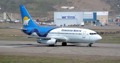 A Canadian North 737 taxis at the Iqaluit airport. The owners of Canadian North and First Air have confirmed they are planning to merge the two northern airlines. (CBC)