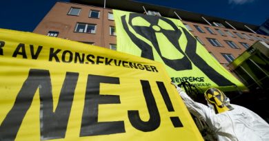 Greenpeace activists demonstrate on March 16, 2011 outside the Swedish Nuclear Fuel and Waste Management (SKB) office in Stockholm. (Jonathan Nackstrand/AFP/Getty Images)