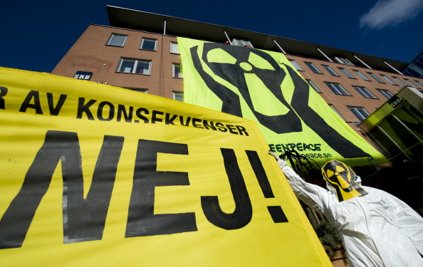 Greenpeace activists demonstrate on March 16, 2011 outside the Swedish Nuclear Fuel and Waste Management (SKB) office in Stockholm. (Jonathan Nackstrand/AFP/Getty Images)