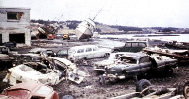 The Alaska Earthquake on March 27, 1964. Tsunami damage pictured along the waterfront at Kodiak. (Photo by Education Images/UIG via Getty Images)