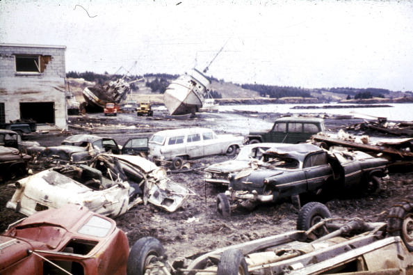 The Alaska Earthquake on March 27, 1964. Tsunami damage pictured along the waterfront at Kodiak. (Photo by Education Images/UIG via Getty Images)