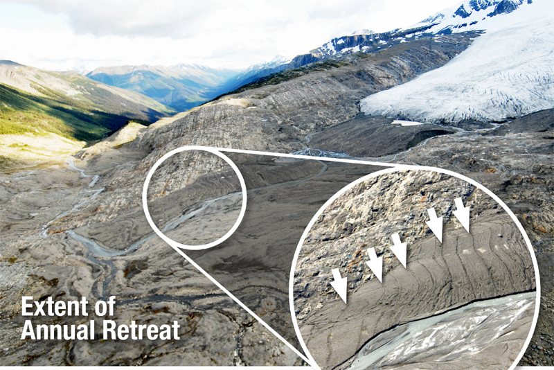 Photo showing the Castle Creek glacier retreating up the mountain-side. A unique feature is that it leaves small morraines showing the retreat each year, something like tree rings showing growth. (Courtesy University of Northern British Columbia)