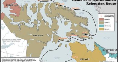 Map indicating where Inuit were relocated to in the 1950s. (Government of Canada)