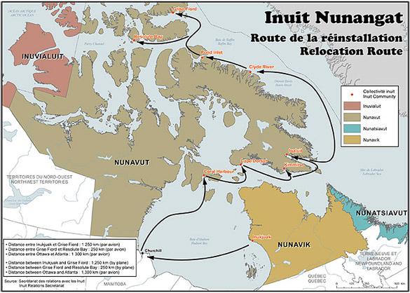 Map indicating where Inuit were relocated to in the 1950s. (Government of Canada)