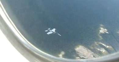 A Finnish Hornet fighter jet seen from the window of a plane. (Yle)