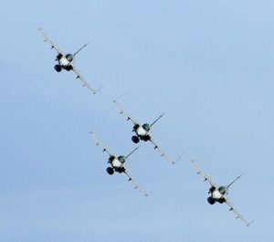 Pilots flying four JAS 39 Gripen jet fighters perform during the Day of the Airforce in Linkoping, Sweden on June 13, 2010. (AFP)