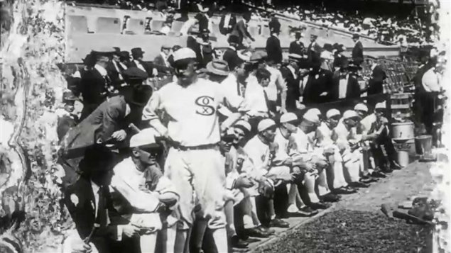 An image of the Chicago White Sox bench. They were later referred to as the "Black Sox," after a suspected game fixing scandal was confirmed the following year. (Library and Archives Canada)