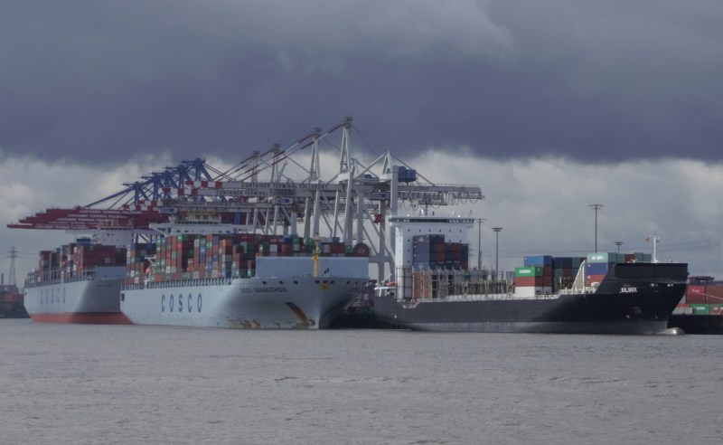 Two COSCO ships being unloaded at the Port of Hamburg, 2014. (Mia Bennett)