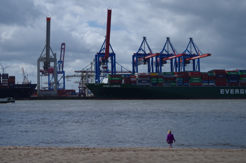 Watching the Singaporean ship Ever Lawful be unloaded in the Port of Hamburg, 2014. (Mia Bennett)