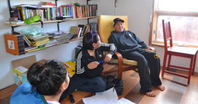 Talia Metuq (seated), with actor Jaden Ishulutaq, working on a script for video game audio. Metuq received a scholarship this year to study 3D modeling animation and design in Vancouver. (Courtesy Pinnguaq)
