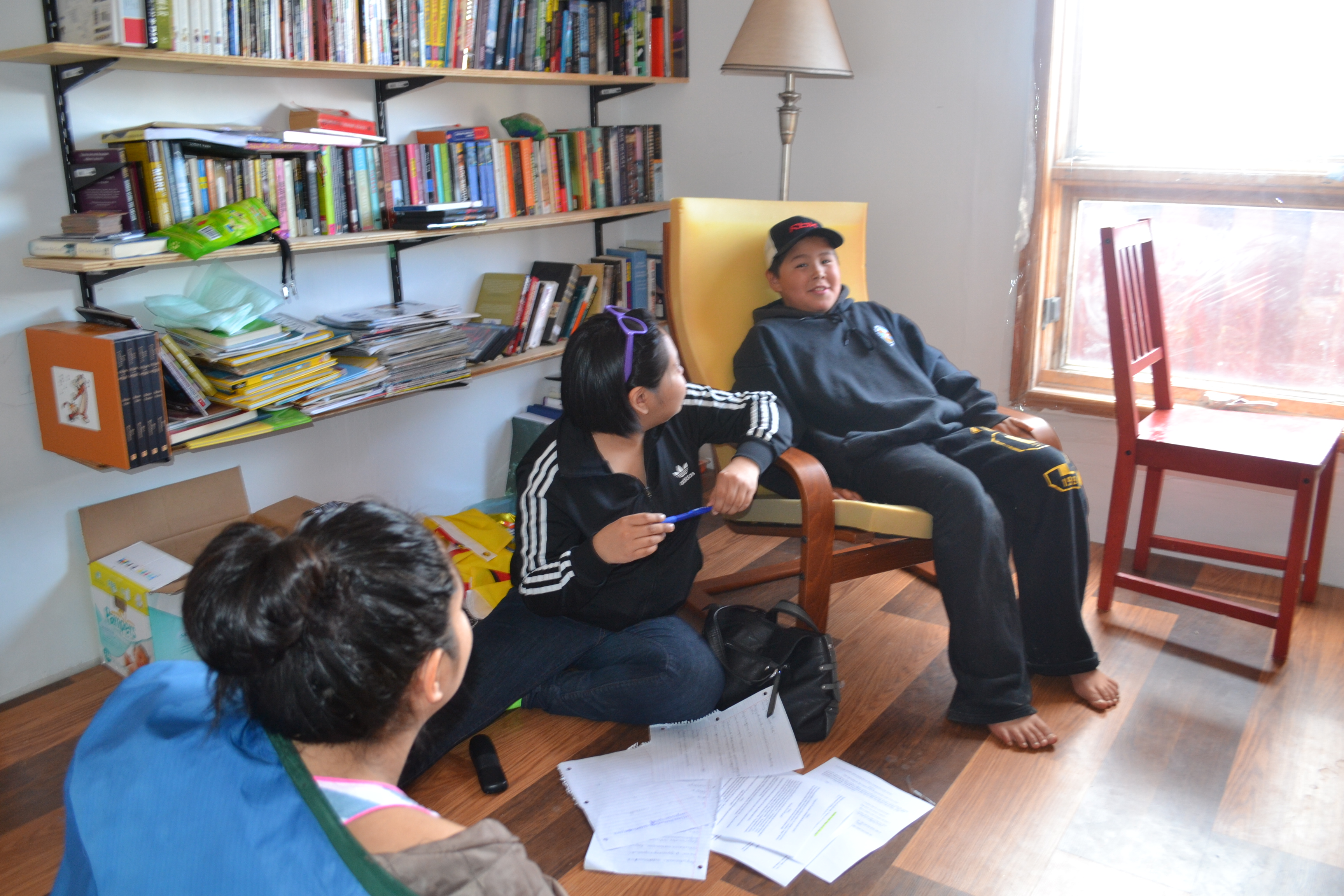 Talia Metuq (seated), with actor Jaden Ishulutaq, working on a script for video game audio. Metuq received a scholarship this year to study 3D modeling animation and design in Vancouver. (Courtesy Pinnguaq)
