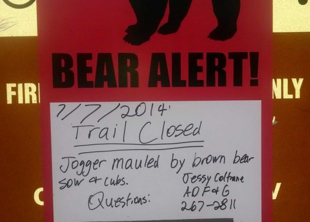 A sign hangs at the Bird Valley trailhead along Alaska's Turnagain Arm on July 7, 2014, warning people of a recent bear mauling in the area. (Craig Medred / Alaska Dispatch)