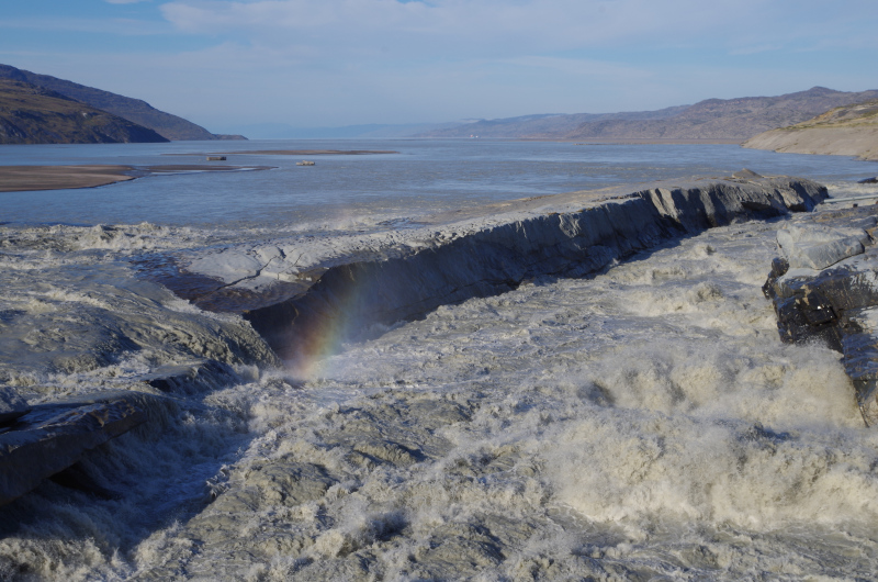 The Watson River right after it passes under the bridge from Kangerlussuaq, flowing out into the fjord towards the sea. ( Mia Bennett / August 2014)