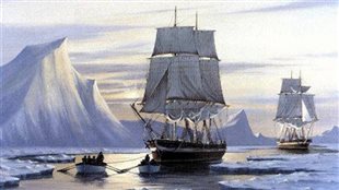 Erebus and Terror being towed carefully through ice. The mystery of the lost ships is solved to some degree with the finding on September 7 of one of the ships. It remains to be determined which of the two ships they have found. (J. Franklin Wright)