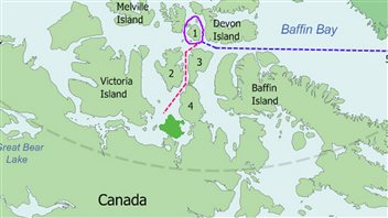 Map of the probable routes taken by Erebus and Terror during Franklin’s lost expedition. Disko Bay (5) to Beechey Island, in 1845. Around Cornwallis Island (1), in 1845. Beechey Island down Peel Sound between Prince of Wales Island (2) and Somerset Island (3) and the Boothia Peninsula (4) to near King William Island in 1846 The Ship was in fact found near King William Island. (Wikimedia commons)