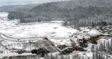 An aerial view of frozen Finnish lake Kivijaervi after waste water began to leak from a nearby mine on November 12, 2012 in Talvivaara. (Kimmo Rauatmaa/AFP/Getty Images)