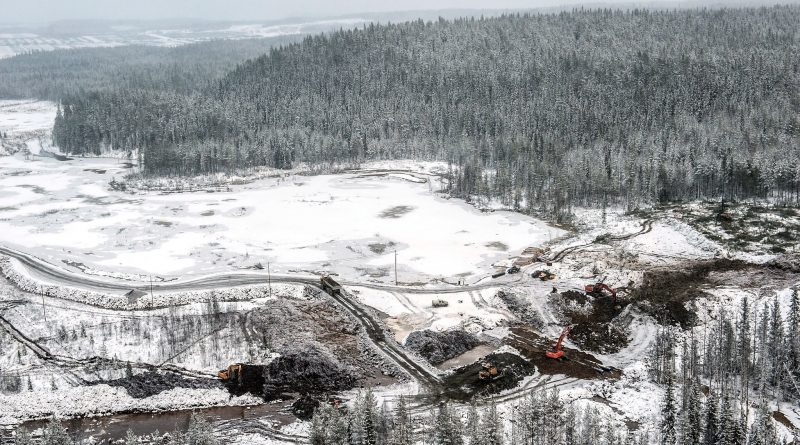 An aerial view of frozen Finnish lake Kivijaervi after waste water began to leak from a nearby mine on November 12, 2012 in Talvivaara. (Kimmo Rauatmaa/AFP/Getty Images)