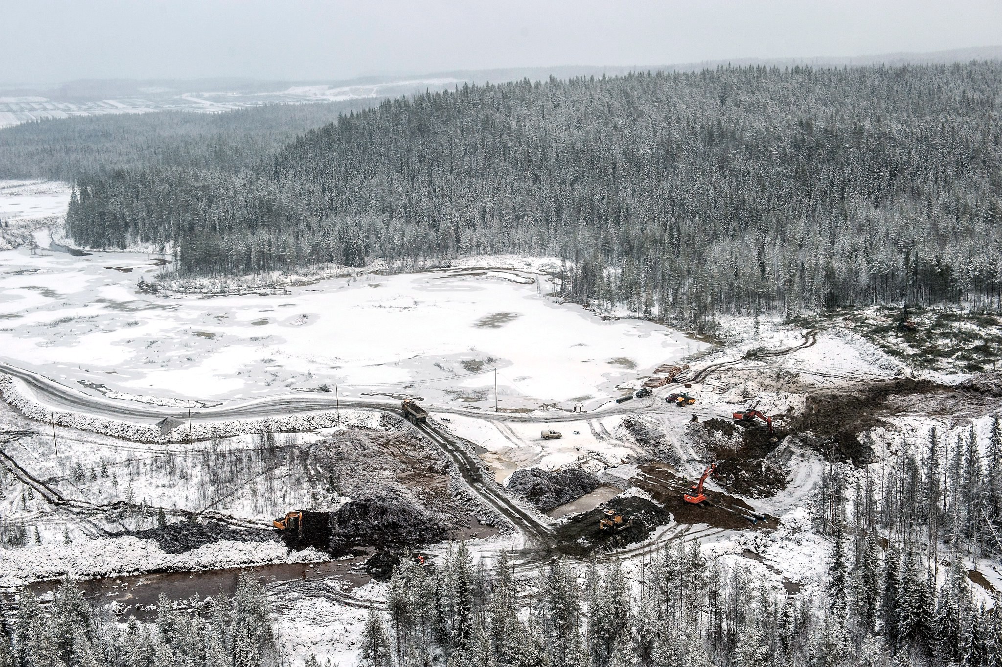 An aerial view of frozen Finnish lake Kivijaervi after waste water began to leak from a nearby mine on November 12, 2012 in Talvivaara. (Kimmo Rauatmaa/AFP/Getty Images)