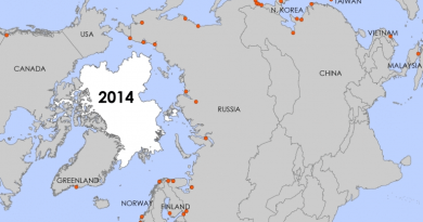 Monthly sea ice extent data from NSIDC, 2014. NSR Port Data from NSR Administration, 2013. (Cryopolitcs)