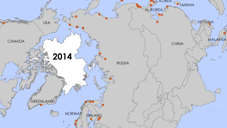 Monthly sea ice extent data from NSIDC, 2014. NSR Port Data from NSR Administration, 2013. (Cryopolitcs)