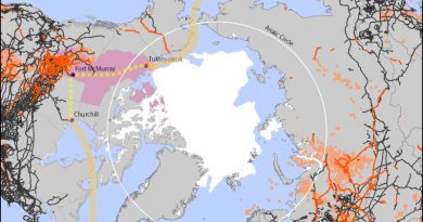 The potential routings of the Arctic Energy Gateway, along with pipelines and railroads in the northern part of the globe. Notice the sheer lack of either infrastructure north of the Arctic Circle. (Cryopolitics)