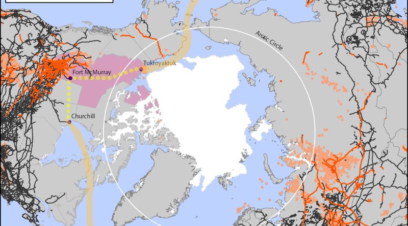 The potential routings of the Arctic Energy Gateway, along with pipelines and railroads in the northern part of the globe. Notice the sheer lack of either infrastructure north of the Arctic Circle. (Cryopolitics)