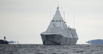 The Swedish corvette HMS Visby under way on the Mysingen Bay on October 21, 2014 on their fifth day of searching for a suspected foreign vessel in the Stockholm archipelago. (Fredrik Sandberg/AFP/Getty Image)