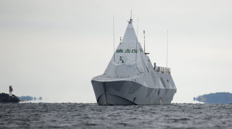 The Swedish corvette HMS Visby under way on the Mysingen Bay on October 21, 2014 on their fifth day of searching for a suspected foreign vessel in the Stockholm archipelago. (Fredrik Sandberg/AFP/Getty Image)