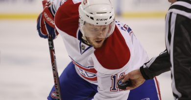 Saku Koivu in his Montreal Canadiens uniform during a face-off against the Boston Bruins during game six of the 2008 NHL Stanley Cup Playoffs Eastern Conference Quarterfinals series in 2008. (Getty Images)