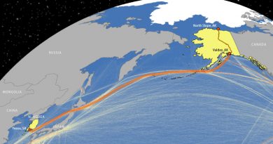 Presumed Route of Polar Discovery tanker carrying oil from Alaska to South Korea. The brown line denotes the Trans-Alaska Pipeline, while lines in the sea denote commercial shipping. Data from the European Commission. (Cryopolitics)