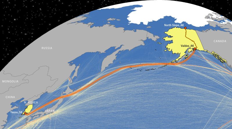 Presumed Route of Polar Discovery tanker carrying oil from Alaska to South Korea. The brown line denotes the Trans-Alaska Pipeline, while lines in the sea denote commercial shipping. Data from the European Commission. (Cryopolitics)