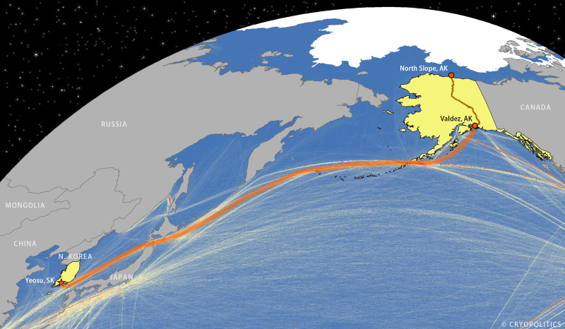 Presumed Route of Polar Discovery tanker carrying oil from Alaska to South Korea. The brown line denotes the Trans-Alaska Pipeline, while lines in the sea denote commercial shipping. Data from the European Commission. (Cryopolitics)