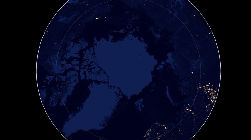 Composite image of night lights above 60°N (with the Arctic Circle also included for reference), as imaged in April and October 2012 with SUOMI NPP’s Day/Night Band. (Data downloaded from NASA Earth Observatory / Cryopolitics)