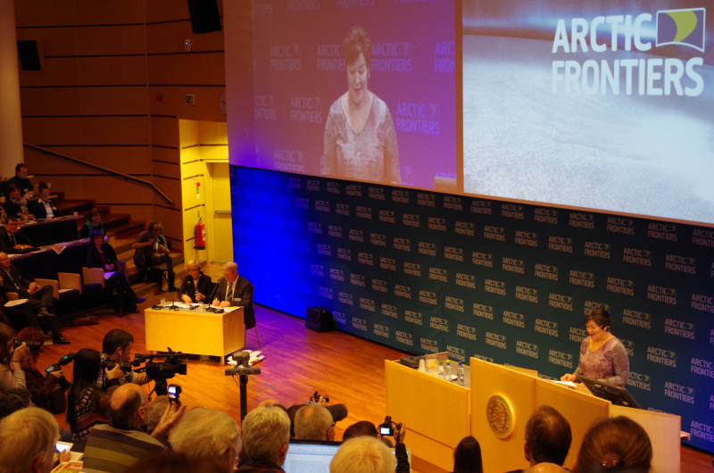 Greenland’s former prime minister Aleqa Hammond addresses attendees at Arctic Frontiers, January 2014. (Mia Bennett)