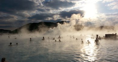 Tourists frolic amidst the geothermal steam of the Blue Lagoon. Reykjavik, Iceland. (Mia Bennett)