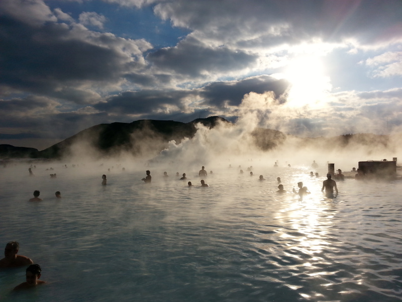 Tourists frolic amidst the geothermal steam of the Blue Lagoon. Reykjavik, Iceland. (Mia Bennett)