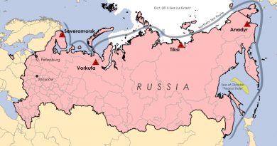 Military bases and airfields along the Northern Sea Route that Russia plans to restore. The newly acquired “Peanut Hole” in the Sea of Okhotsk is also displayed. (Cryopolitics)